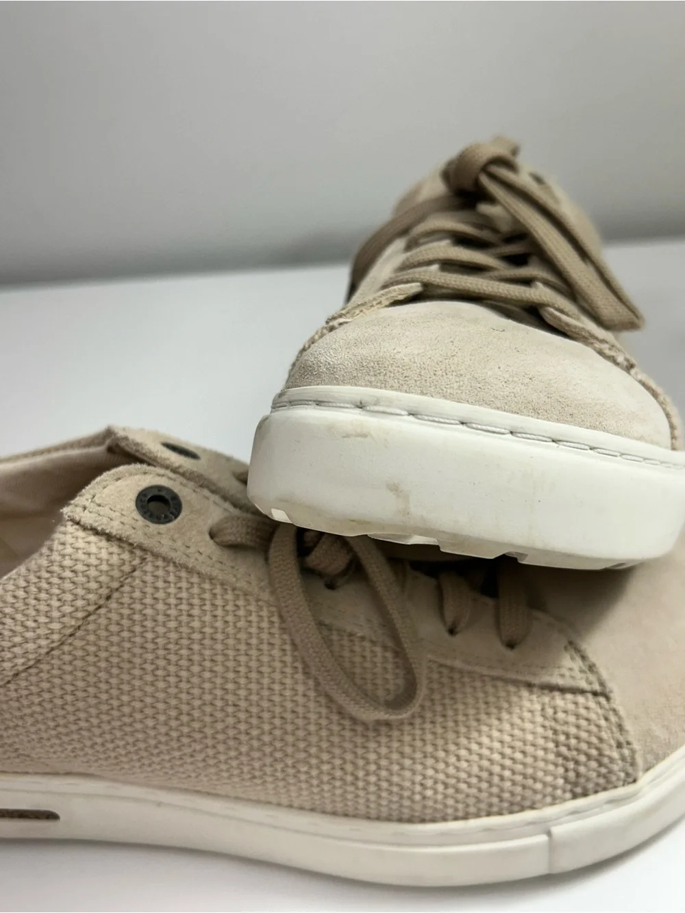 Birkenstock Low Bend Beige Canvas & Suede Lace Up Cork Midsole Sneakers Size 7 - Picture 9 of 14
